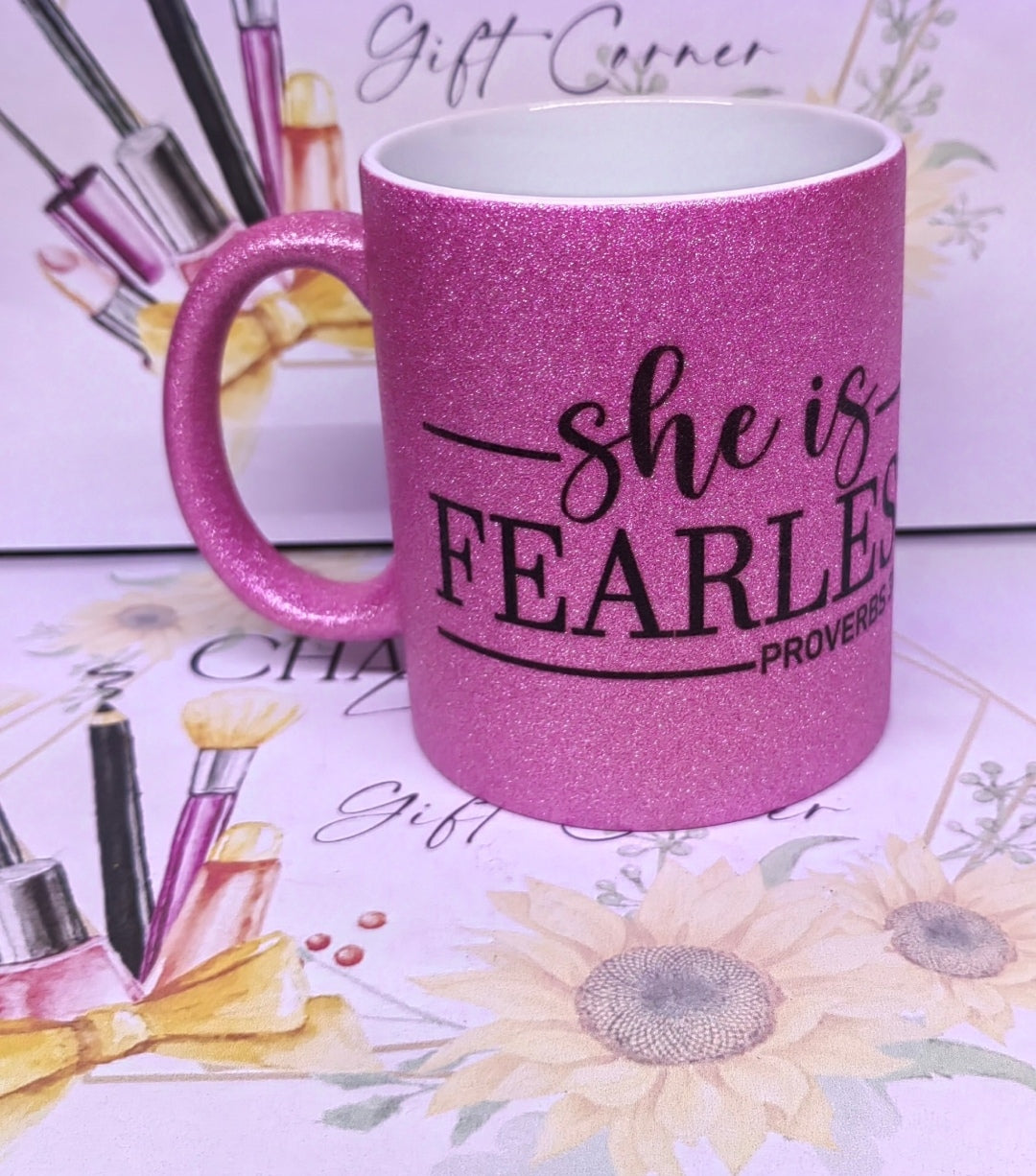 She is fearless glitter mug pink